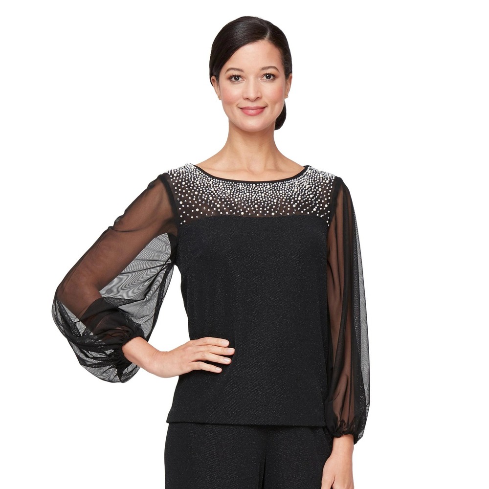 Alex‎ Evening Embellished Illusion Sparkle Top Size XL